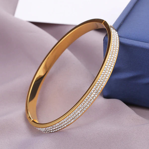Stainless Steel Gold Plated Triple Lines American Diamond Contemporary Anti-Tarnish Bracelet For Women