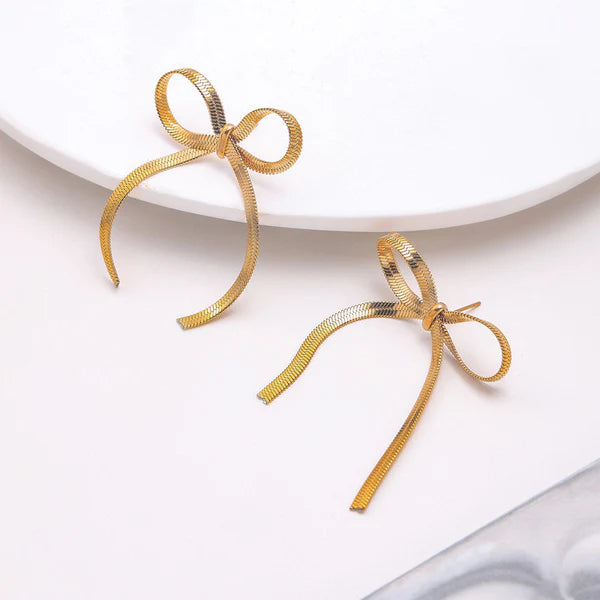 Gold Plated Anti Tarnish Bow Themed Drop Earrings