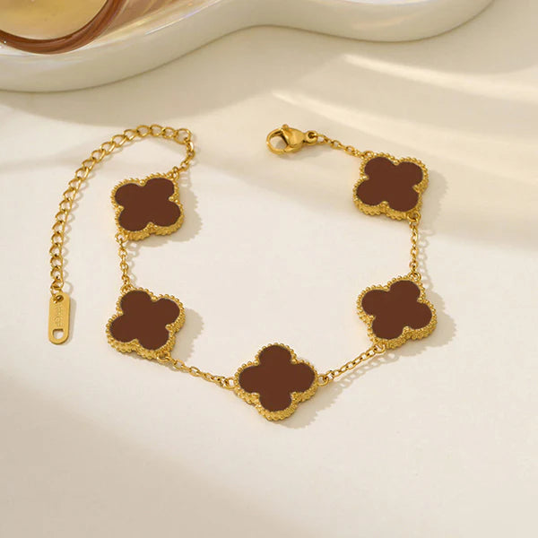 Stainless Steel Gold Plated Brown Anti Tarnish Clover Bracelet For Girls And Women