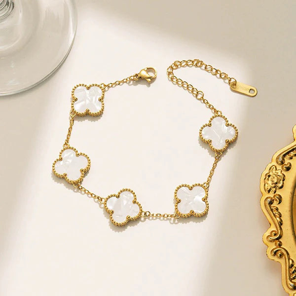 Stainless Steel Gold Plated White Anti Tarnish Clover Bracelet For Girls And Women