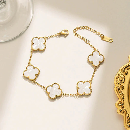 Stainless Steel Gold Plated White Anti Tarnish Clover Bracelet For Girls And Women